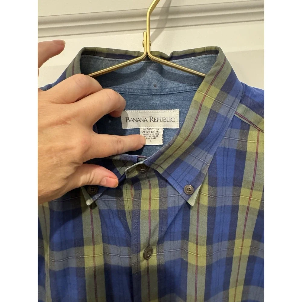 BANANA REPUBLIC Men's Long Sleeve Button Down Shirt Blue Plaid L Large Handsome